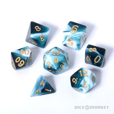 White and Transparent Dark Teal Blended 7pc Dice Set